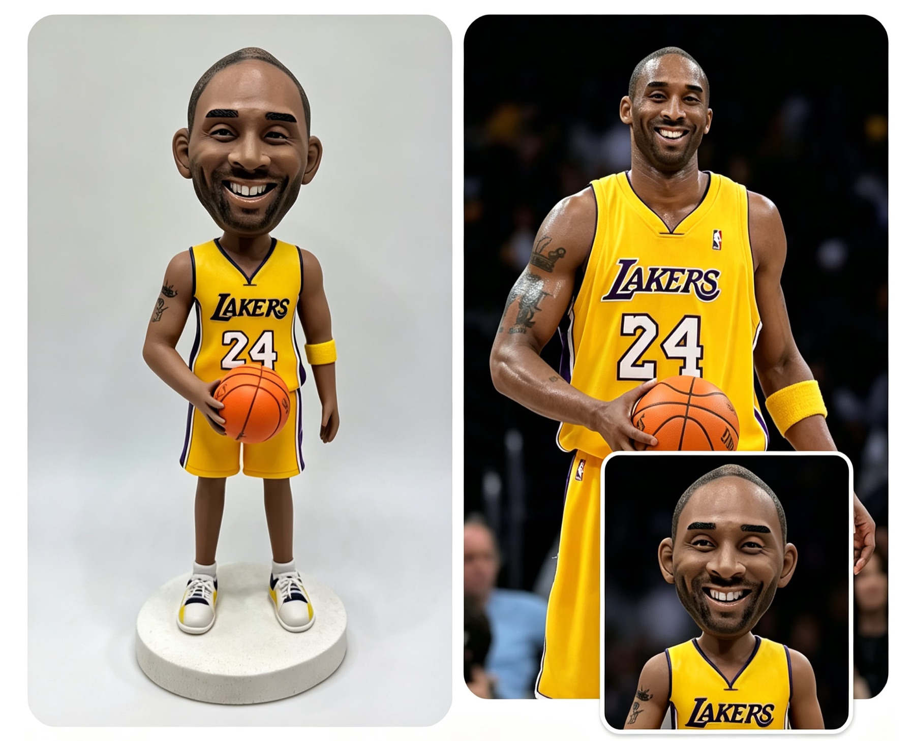 Photograph and finished basketball portrait figurine shown side by side